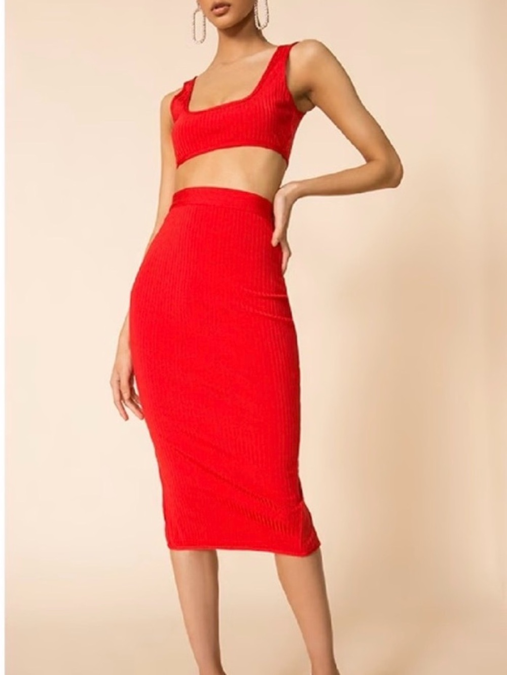 Superdown Red Ribbed crop top and High-Waist Midi Skirt - Women